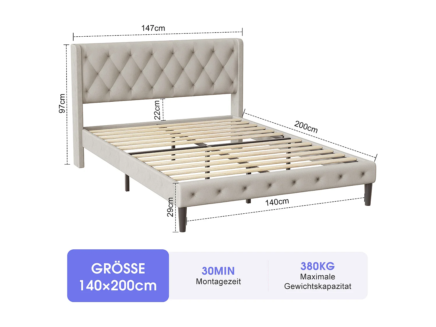 Polsterbett - Polsterbett 140 x 200 cm Bett mit Lattenrost - Doppelbett mit gepolstertem Kopfteil - Einfache Montage -  Robustes Gestell und Samtbezug