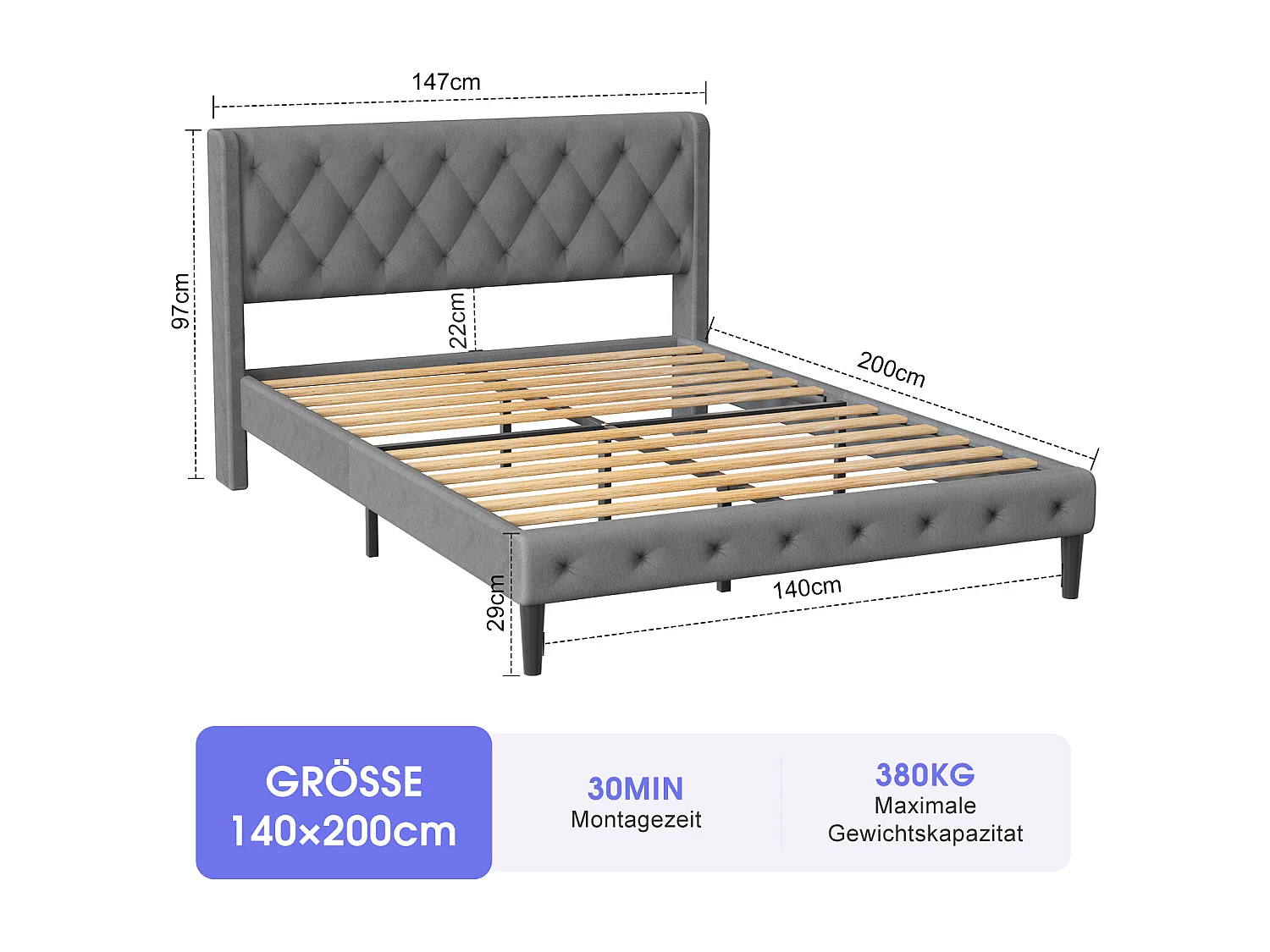 Polsterbett - Polsterbett 140 x 200 cm Bett mit Lattenrost - Doppelbett mit gepolstertem Kopfteil - Einfache Montage -  Robustes Gestell und Samtbezug