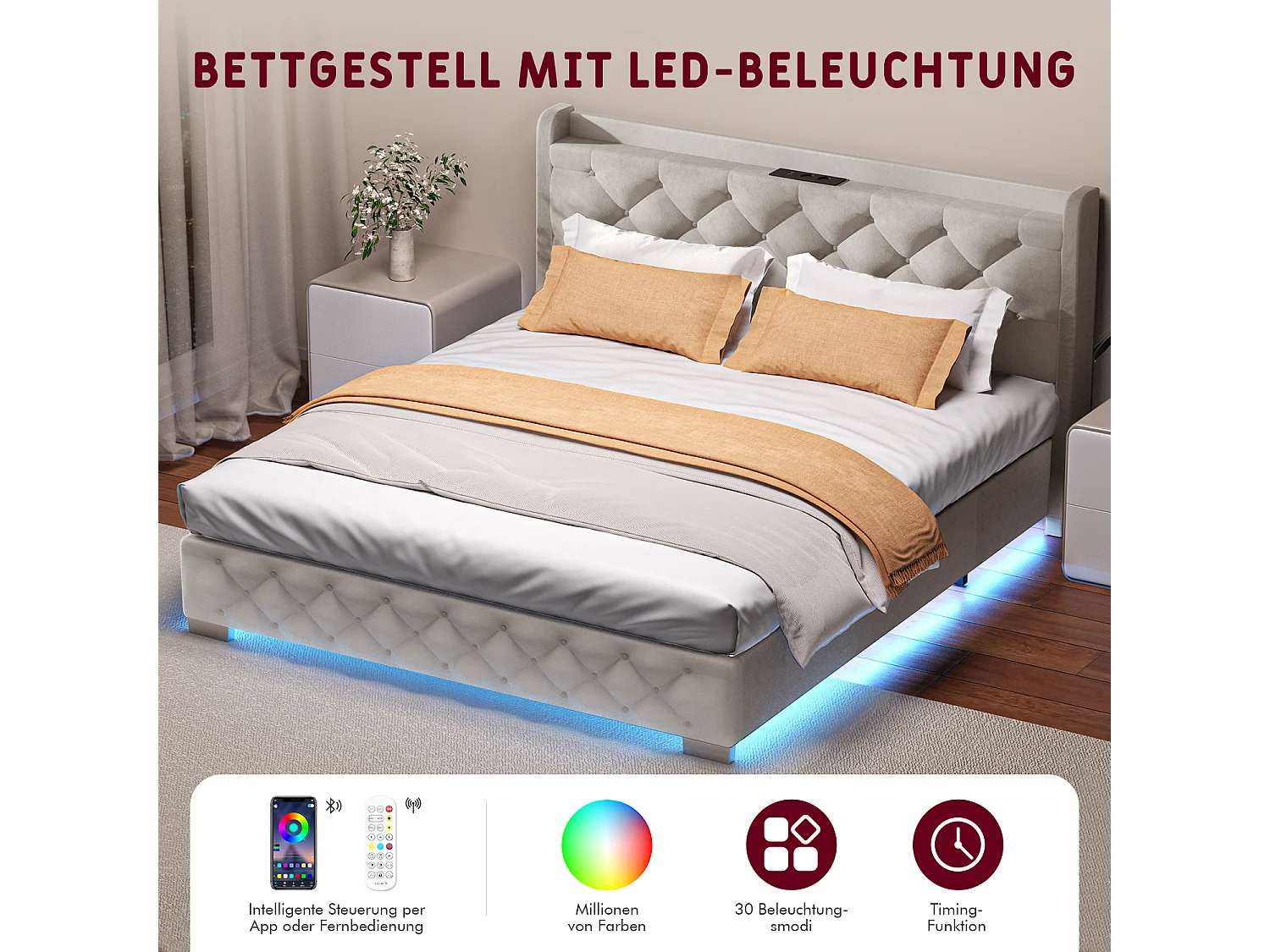Polsterbett - Polsterbett 140 x 200 cm Bett mit Lattenrost - Doppelbett mit gepolstertem Kopfteil - Einfache Montage -  Robustes Gestell - LED-Beleuchtung und Samtb