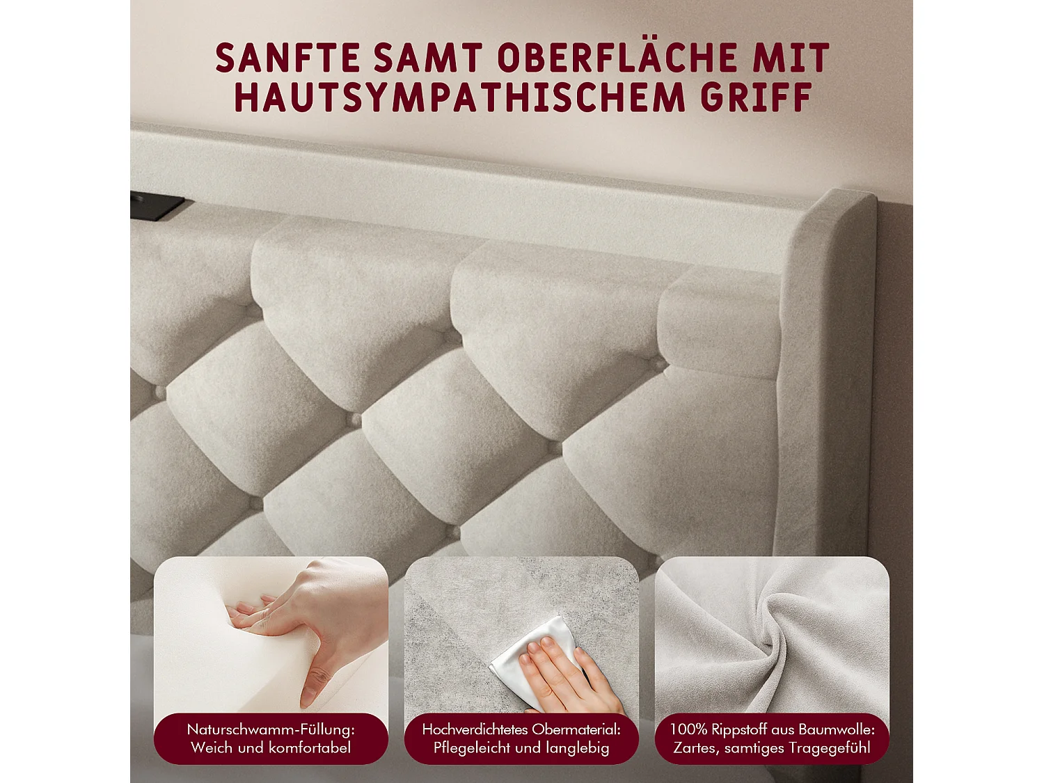 Polsterbett - Polsterbett 140 x 200 cm Bett mit Lattenrost - Doppelbett mit gepolstertem Kopfteil - Einfache Montage -  Robustes Gestell - LED-Beleuchtung und Samtb