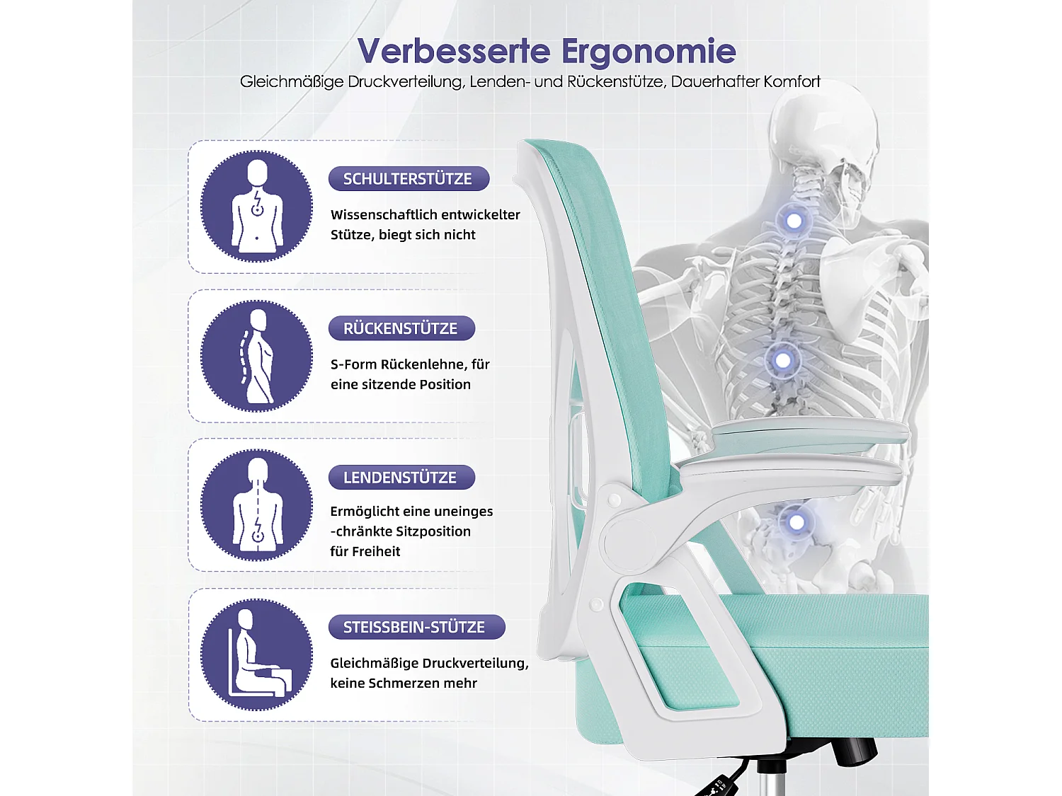 Bürostuhl - Chefsessel aus Mesh - Ergonomischer Schreibtischstuhl - Verstellbarer Armlehnen und Lendenwirbelstütze - Drehstuhl Wippfunktion - Atmungsaktiv