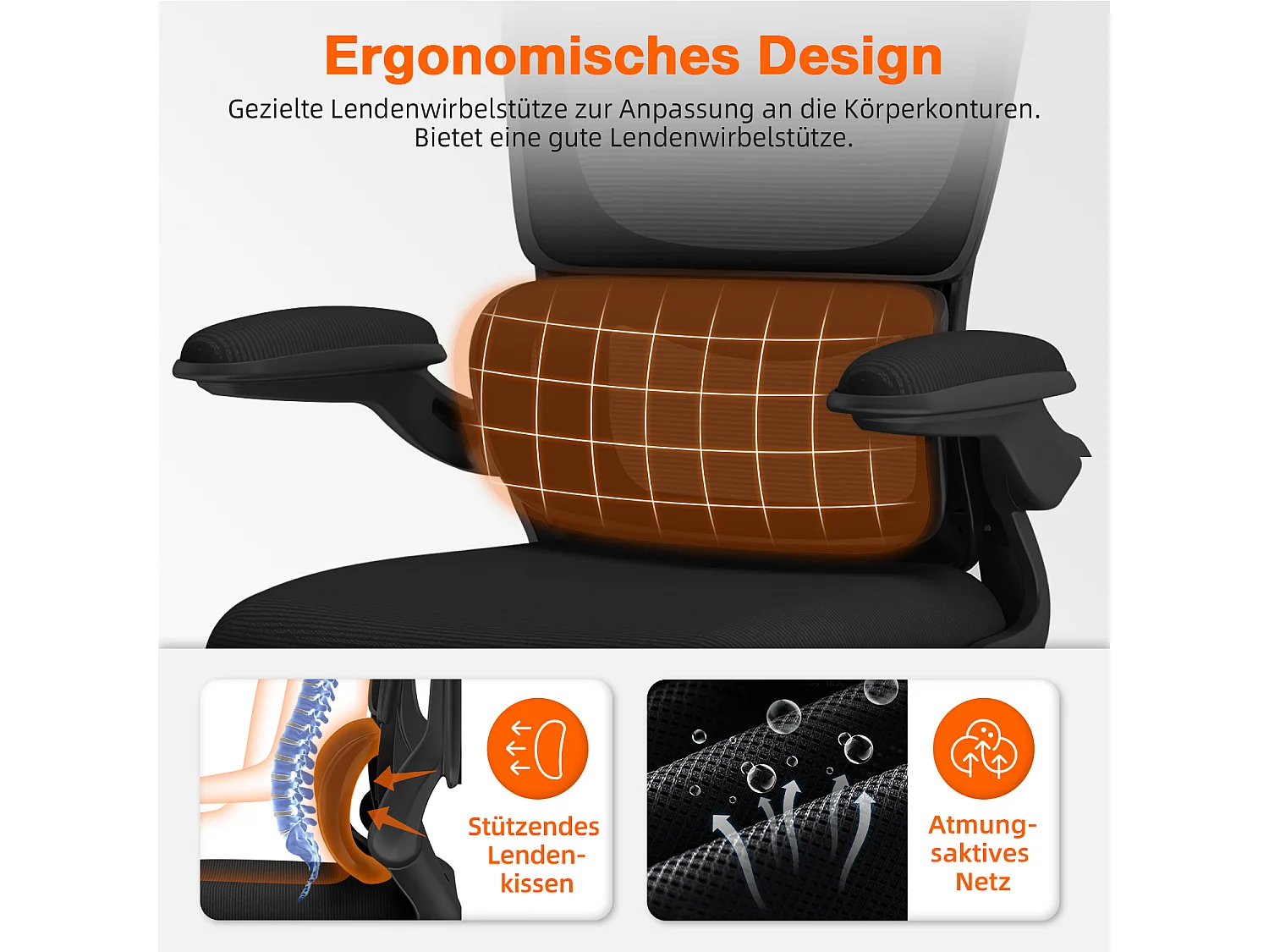 Bürostuhl - Ergonomisch Bürostuhl - Verstellbarer Kopfstütze - Klappbare Armlehnen - Lendenwirbelstütze - Höhenverstellbarer - maximaler Neigung von 135° - 150 kg