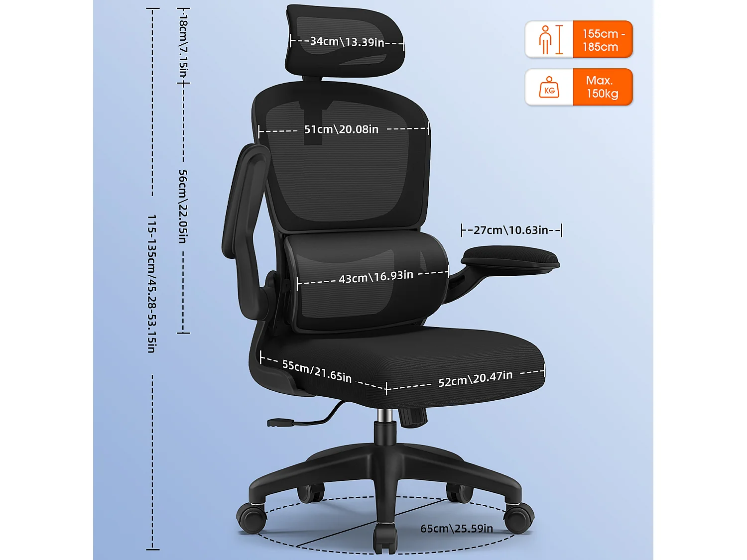 Bürostuhl - Ergonomisch Bürostuhl - Verstellbarer Kopfstütze - Klappbare Armlehnen - Lendenwirbelstütze - Höhenverstellbarer - maximaler Neigung von 135° - 150 kg