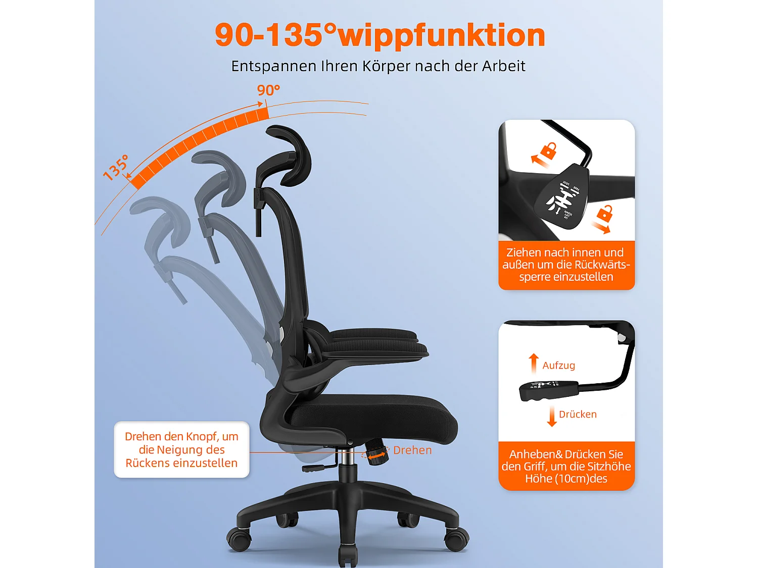 Bürostuhl - Ergonomisch Bürostuhl - Verstellbarer Kopfstütze - Klappbare Armlehnen - Lendenwirbelstütze - Höhenverstellbarer - maximaler Neigung von 135° - 150 kg