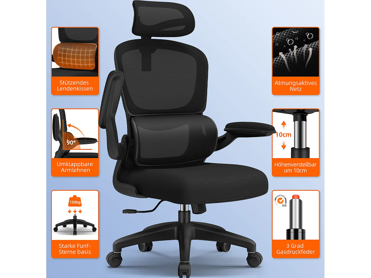 Bürostuhl - Ergonomisch Bürostuhl - Verstellbarer Kopfstütze - Klappbare Armlehnen - Lendenwirbelstütze - Höhenverstellbarer - maximaler Neigung von 135° - 150 kg