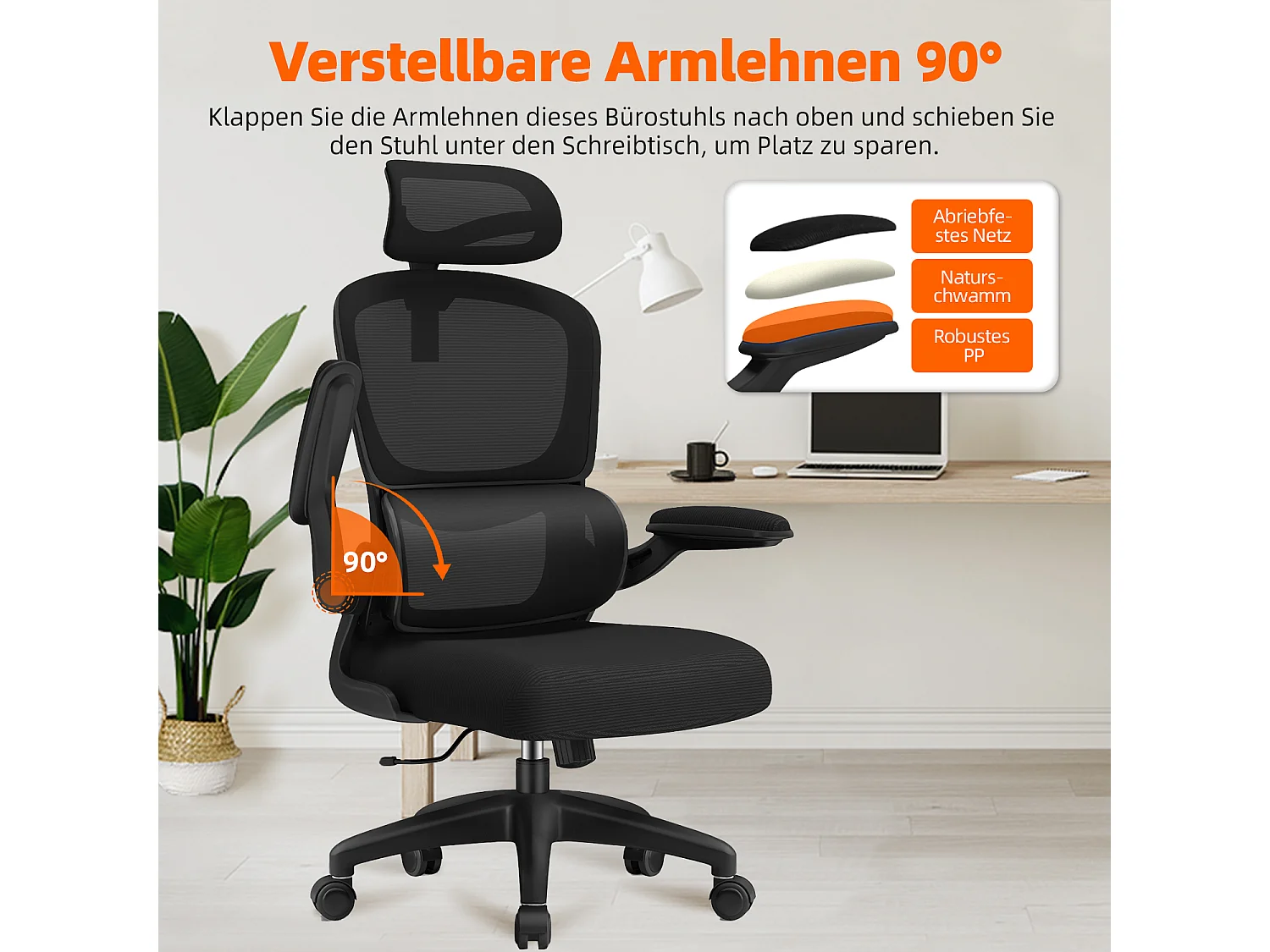 Bürostuhl - Ergonomisch Bürostuhl - Verstellbarer Kopfstütze - Klappbare Armlehnen - Lendenwirbelstütze - Höhenverstellbarer - maximaler Neigung von 135° - 150 kg