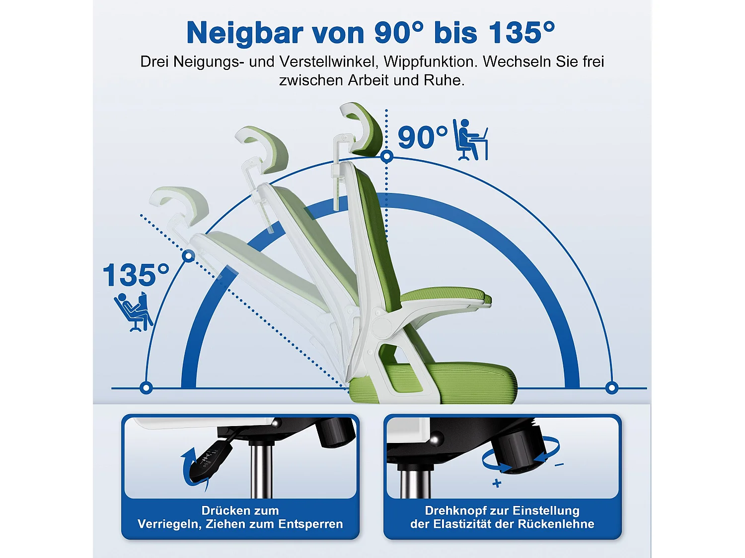 Bürostuhl - Drehbarer ergonomischer Bürostuhl - Mit verstellbarer Kopfstütze und Rückenlehne  - Atmungsaktiver Bürostuhl - 150kg - Netz-Wippfunktion - Managerstuhl