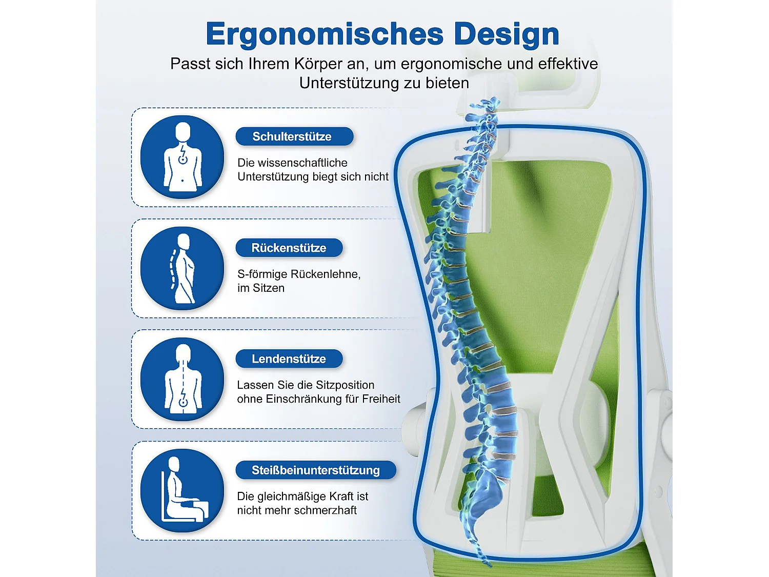 Bürostuhl - Drehbarer ergonomischer Bürostuhl - Mit verstellbarer Kopfstütze und Rückenlehne  - Atmungsaktiver Bürostuhl - 150kg - Netz-Wippfunktion - Managerstuhl
