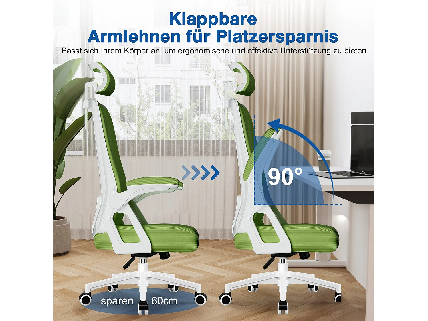 Bürostuhl - Drehbarer ergonomischer Bürostuhl - Mit verstellbarer Kopfstütze und Rückenlehne  - Atmungsaktiver Bürostuhl - 150kg - Netz-Wippfunktion - Managerstuhl