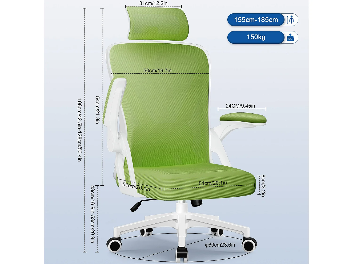 Bürostuhl - Drehbarer ergonomischer Bürostuhl - Mit verstellbarer Kopfstütze und Rückenlehne  - Atmungsaktiver Bürostuhl - 150kg - Netz-Wippfunktion - Managerstuhl