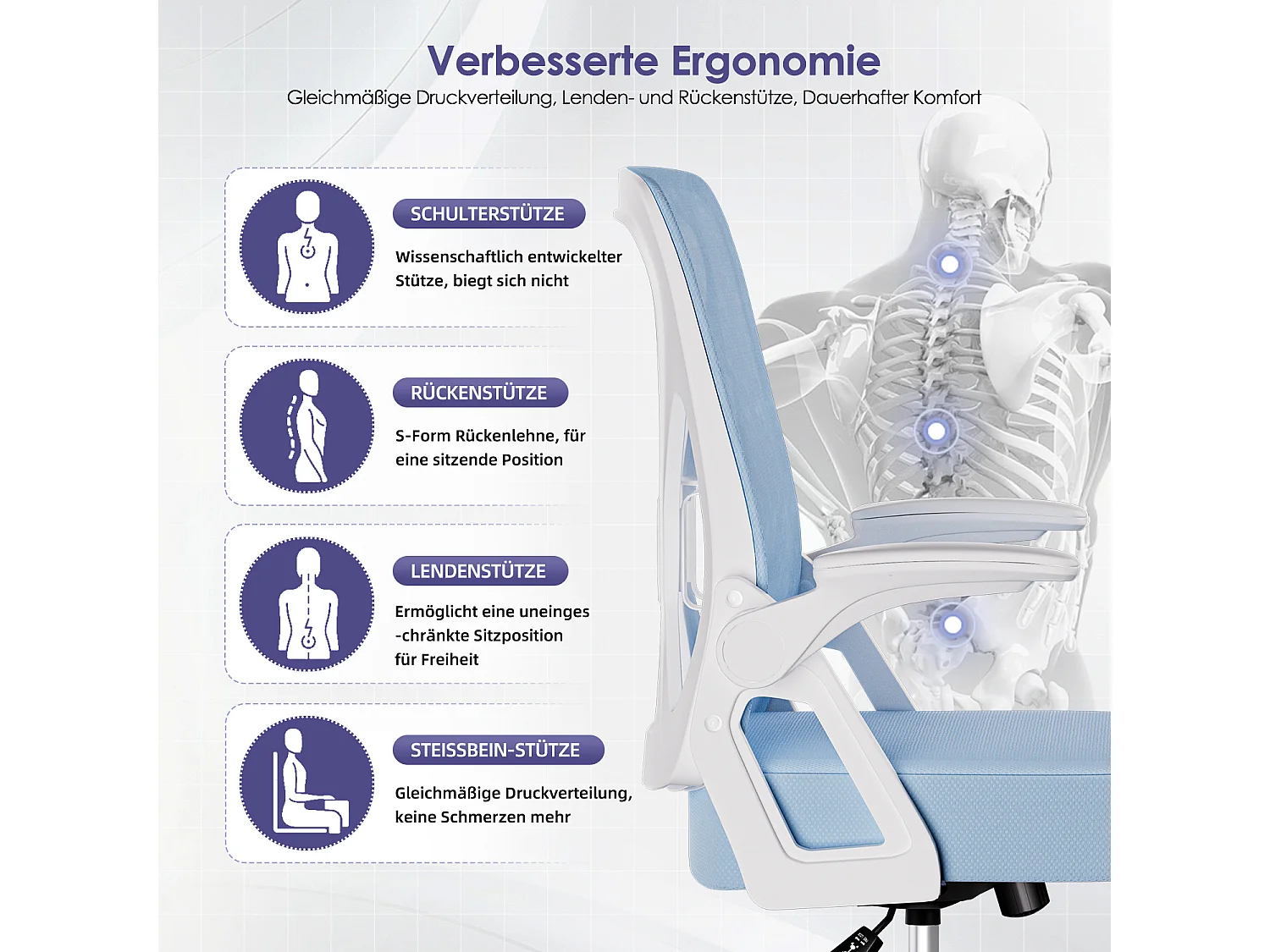 Bürostuhl - Chefsessel aus Mesh - Ergonomischer Schreibtischstuhl - Verstellbarer Armlehnen und Lendenwirbelstütze - Drehstuhl Wippfunktion - Atmungsaktiv