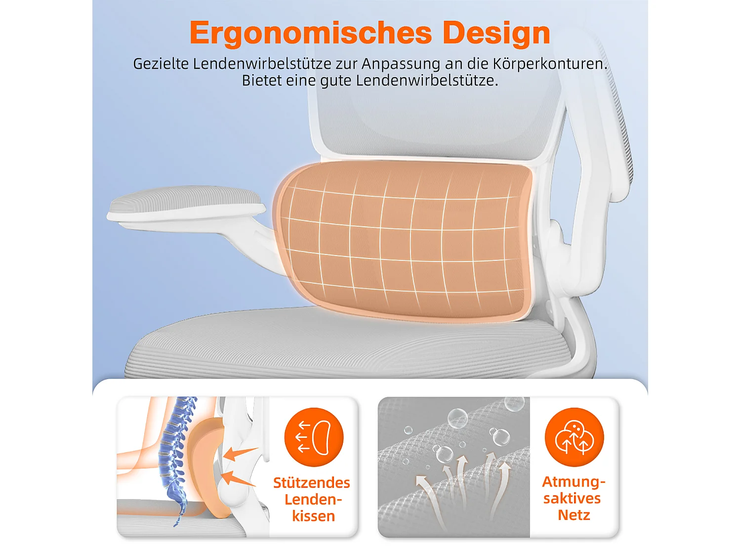 Bürostuhl - Ergonomisch Bürostuhl - Verstellbarer Kopfstütze - Klappbare Armlehnen - Lendenwirbelstütze - Höhenverstellbarer - maximaler Neigung von 135° - 150 kg