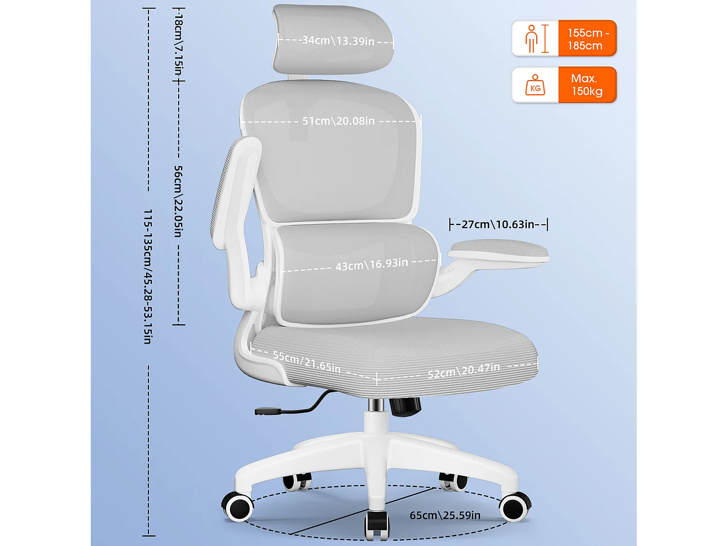 Bürostuhl - Ergonomisch Bürostuhl - Verstellbarer Kopfstütze - Klappbare Armlehnen - Lendenwirbelstütze - Höhenverstellbarer - maximaler Neigung von 135° - 150 kg