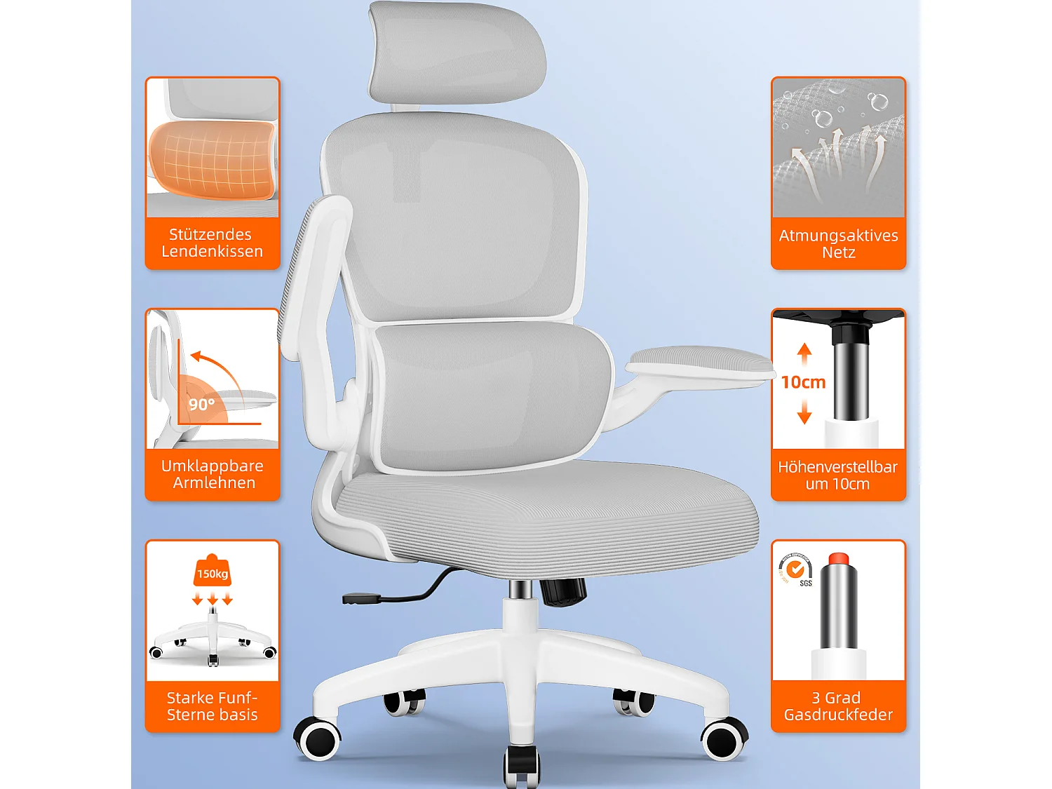 Bürostuhl - Ergonomisch Bürostuhl - Verstellbarer Kopfstütze - Klappbare Armlehnen - Lendenwirbelstütze - Höhenverstellbarer - maximaler Neigung von 135° - 150 kg