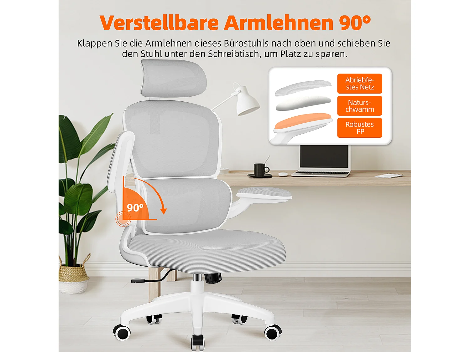 Bürostuhl - Ergonomisch Bürostuhl - Verstellbarer Kopfstütze - Klappbare Armlehnen - Lendenwirbelstütze - Höhenverstellbarer - maximaler Neigung von 135° - 150 kg
