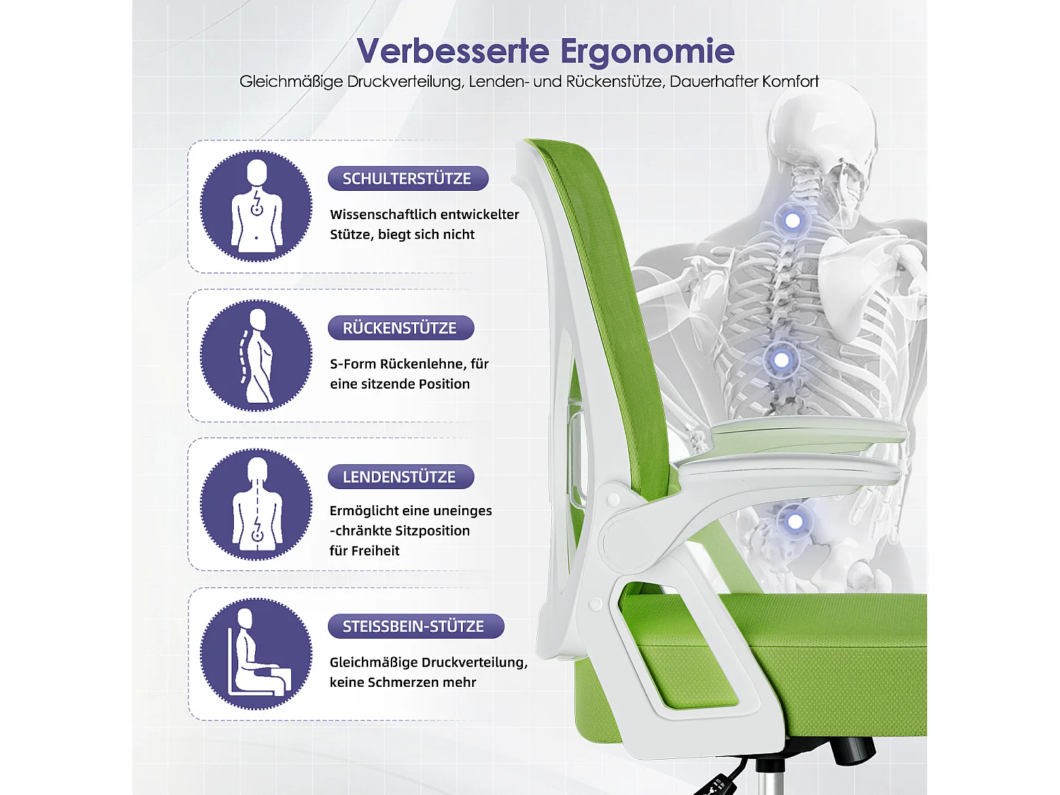 Bürostuhl - Chefsessel aus Mesh - Ergonomischer Schreibtischstuhl - Verstellbarer Armlehnen und Lendenwirbelstütze - Drehstuhl Wippfunktion - Atmungsaktiv