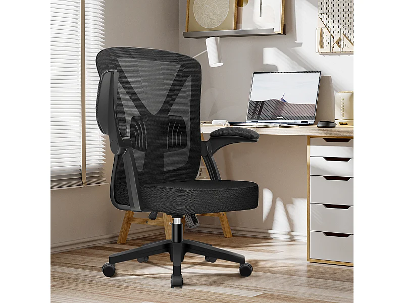 Bürostuhl - Ergonomischer Bürostuhl mit klappbaren Armlehnen - 360° Drehstuhl - Lendenwirbelstütze mit Höhenverstellung - 125° Wippfunktion - 150kg