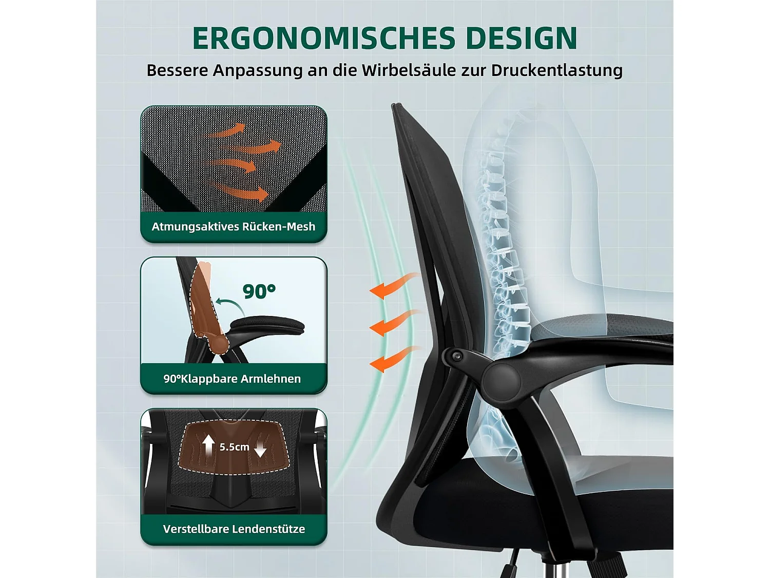 Bürostuhl - Ergonomischer Bürostuhl mit klappbaren Armlehnen - 360° Drehstuhl - Lendenwirbelstütze mit Höhenverstellung - 125° Wippfunktion - 150kg