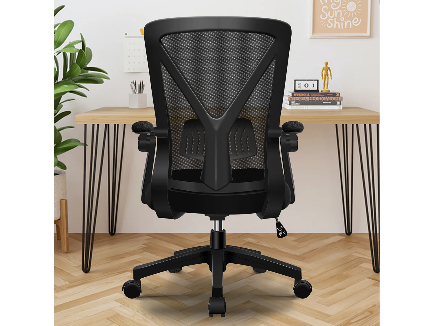 Bürostuhl - Ergonomischer Bürostuhl mit klappbaren Armlehnen - 360° Drehstuhl - Lendenwirbelstütze mit Höhenverstellung - 125° Wippfunktion - 150kg