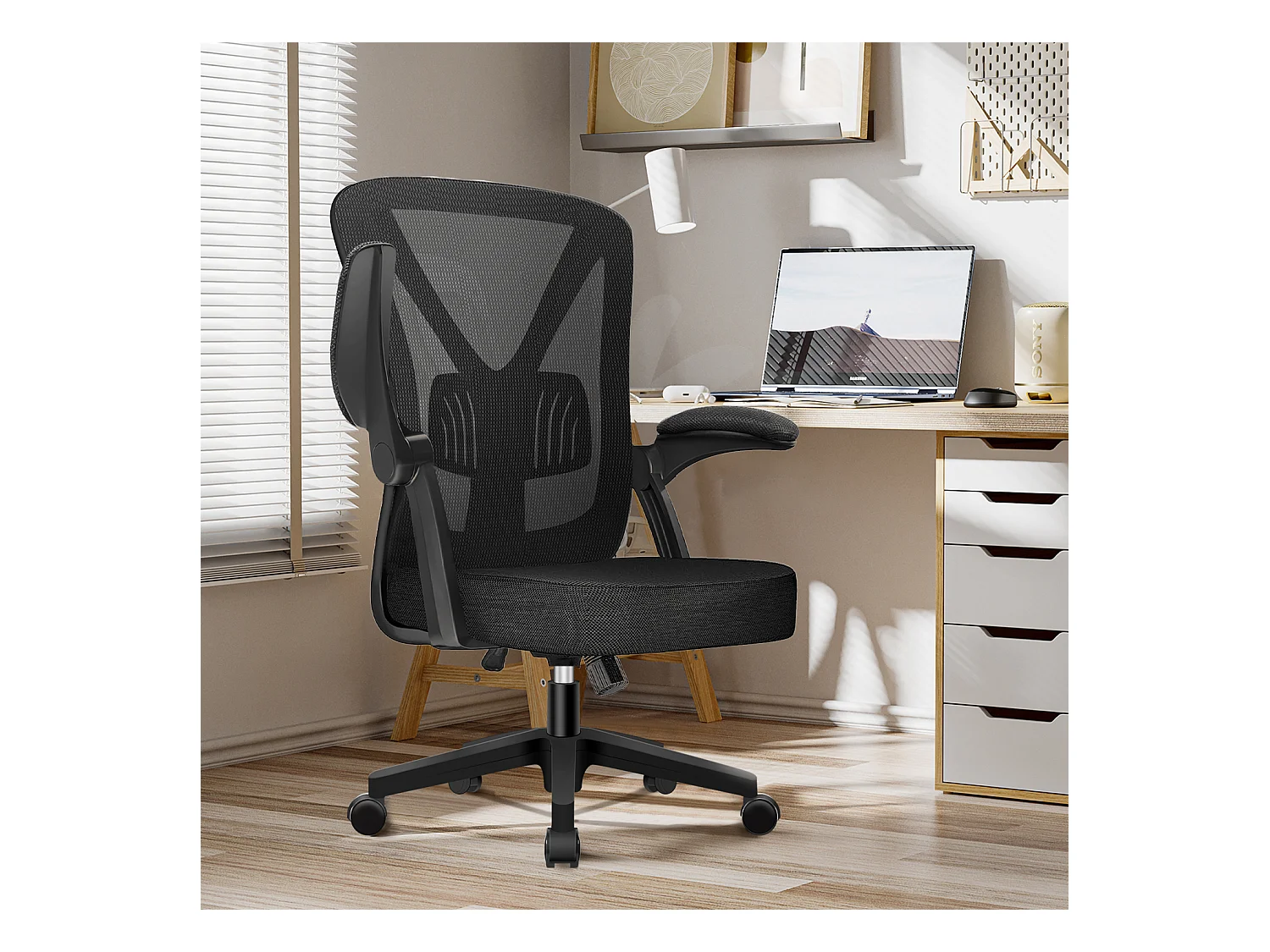 Bürostuhl - Ergonomischer Bürostuhl mit klappbaren Armlehnen - 360° Drehstuhl - Lendenwirbelstütze mit Höhenverstellung - 125° Wippfunktion - 150kg