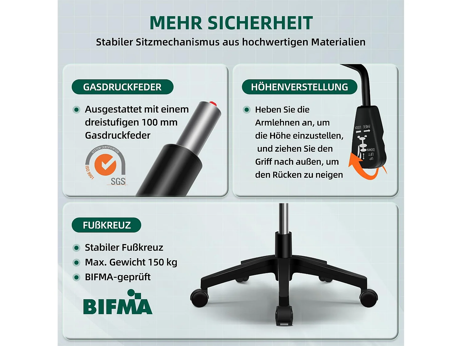 Bürostuhl - Ergonomischer Bürostuhl mit klappbaren Armlehnen - 360° Drehstuhl - Lendenwirbelstütze mit Höhenverstellung - 125° Wippfunktion - 150kg