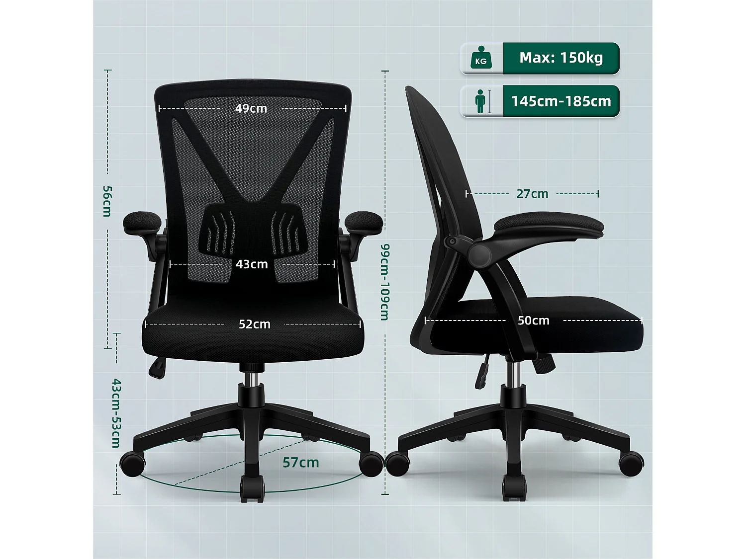 Bürostuhl - Ergonomischer Bürostuhl mit klappbaren Armlehnen - 360° Drehstuhl - Lendenwirbelstütze mit Höhenverstellung - 125° Wippfunktion - 150kg