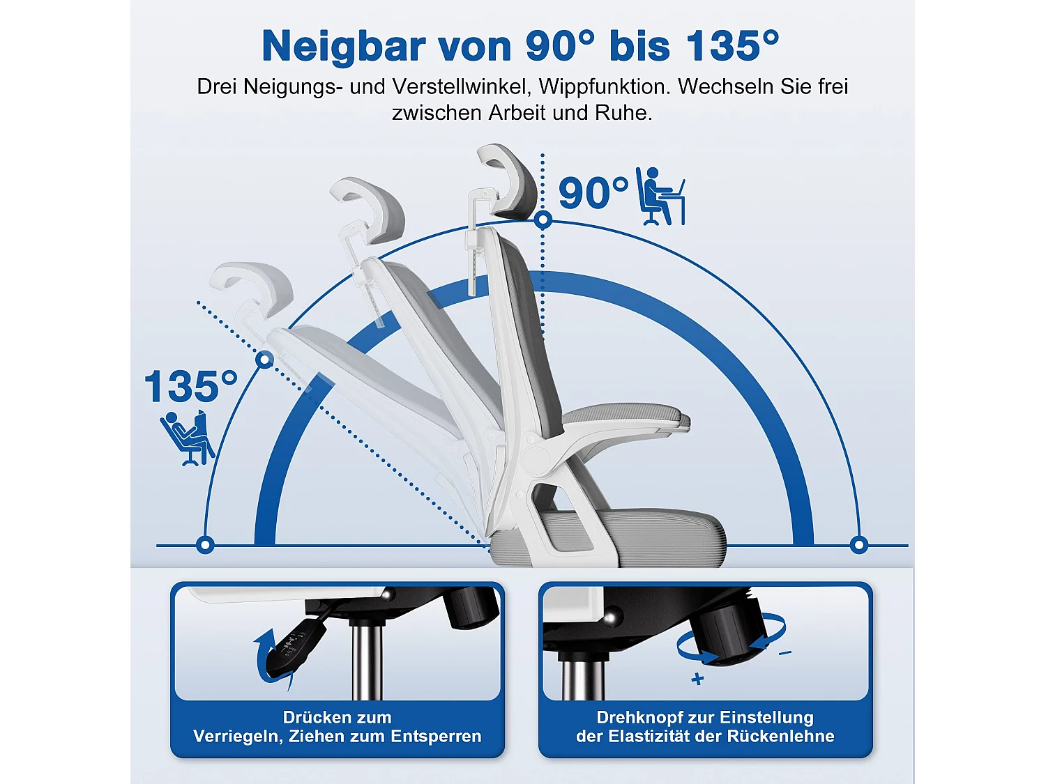 Bürostuhl - Drehbarer ergonomischer Bürostuhl - Mit verstellbarer Kopfstütze und Rückenlehne  - Atmungsaktiver Bürostuhl - 150kg - Netz-Wippfunktion - Managerstuhl