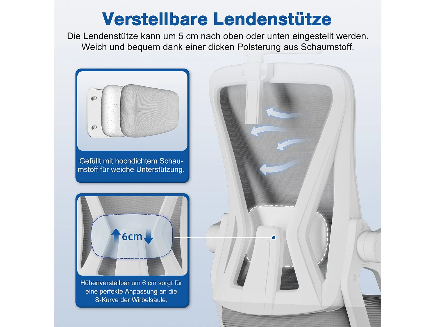Bürostuhl - Drehbarer ergonomischer Bürostuhl - Mit verstellbarer Kopfstütze und Rückenlehne  - Atmungsaktiver Bürostuhl - 150kg - Netz-Wippfunktion - Managerstuhl