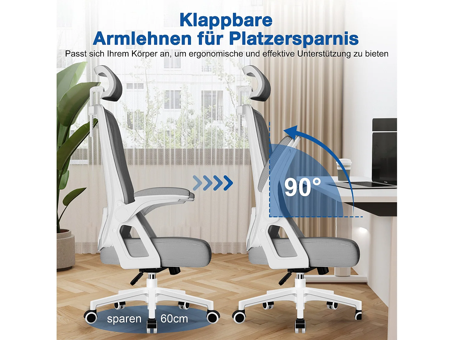 Bürostuhl - Drehbarer ergonomischer Bürostuhl - Mit verstellbarer Kopfstütze und Rückenlehne  - Atmungsaktiver Bürostuhl - 150kg - Netz-Wippfunktion - Managerstuhl