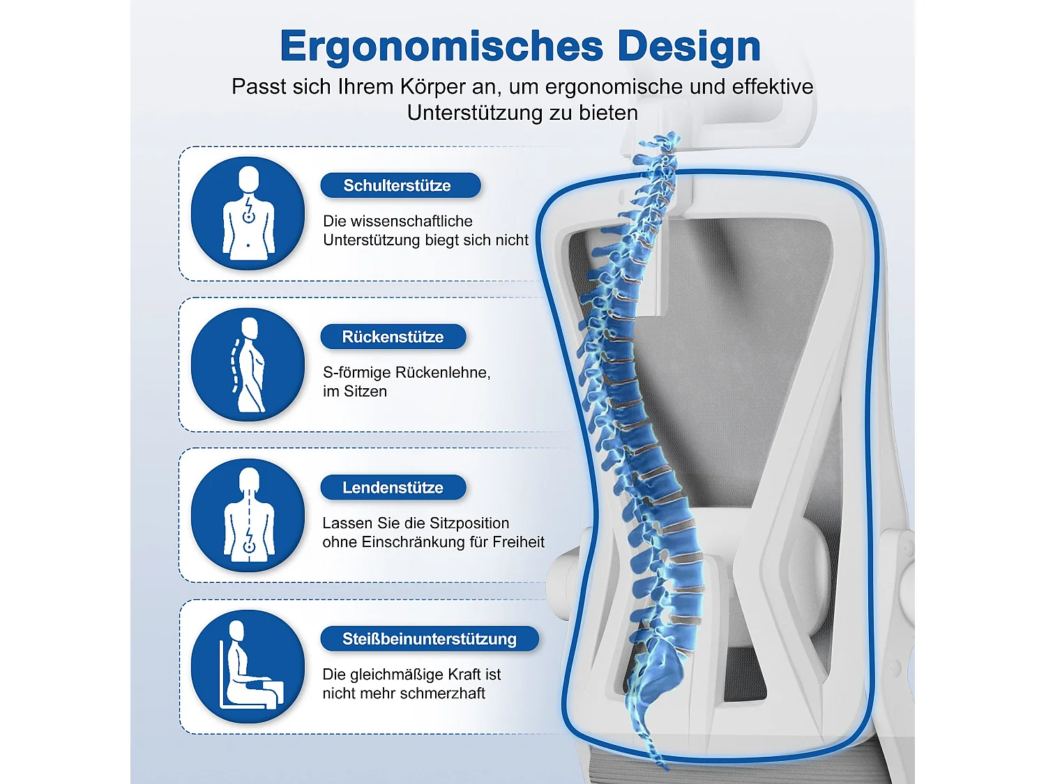 Bürostuhl - Drehbarer ergonomischer Bürostuhl - Mit verstellbarer Kopfstütze und Rückenlehne  - Atmungsaktiver Bürostuhl - 150kg - Netz-Wippfunktion - Managerstuhl