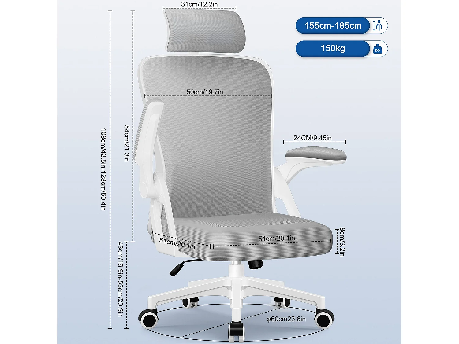 Bürostuhl - Drehbarer ergonomischer Bürostuhl - Mit verstellbarer Kopfstütze und Rückenlehne  - Atmungsaktiver Bürostuhl - 150kg - Netz-Wippfunktion - Managerstuhl