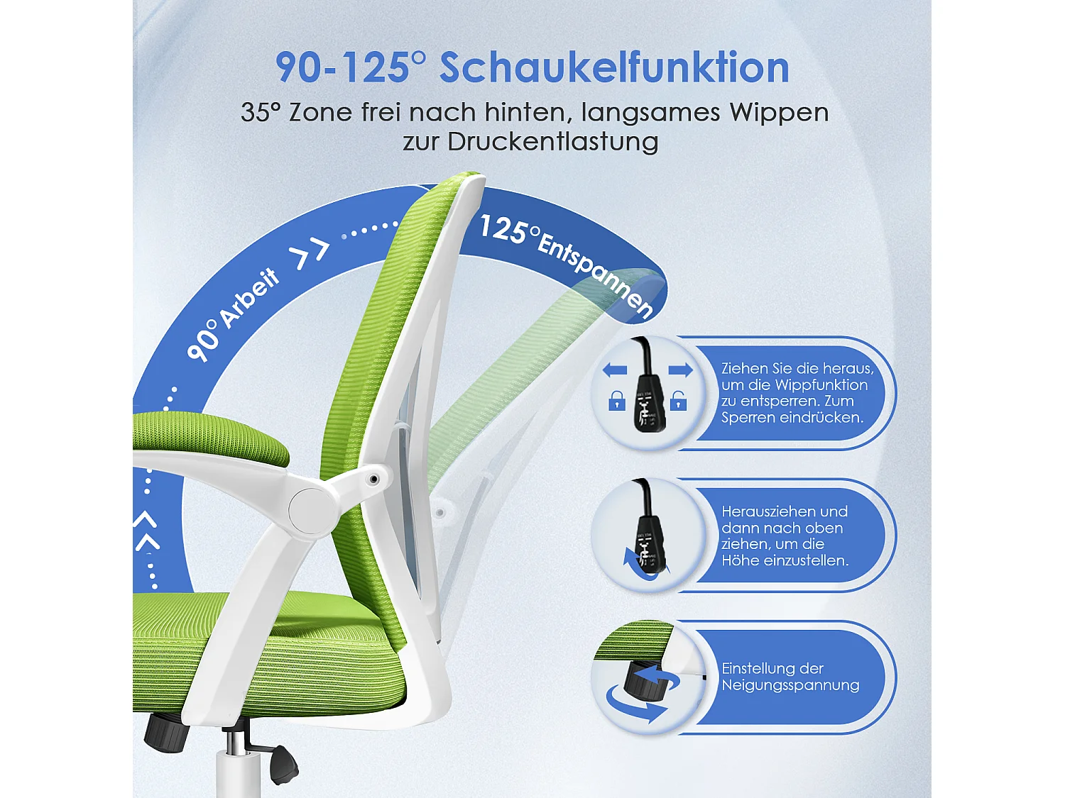 Bürostuhl - Ergonomischer Bürostuhl mit klappbaren Armlehnen - 360° Drehstuhl - Lendenwirbelstütze mit Höhenverstellung - 125° Wippfunktion - 150kg