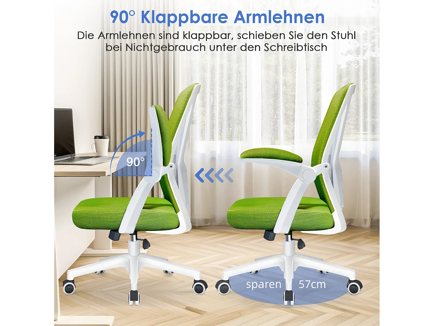 Bürostuhl - Ergonomischer Bürostuhl mit klappbaren Armlehnen - 360° Drehstuhl - Lendenwirbelstütze mit Höhenverstellung - 125° Wippfunktion - 150kg