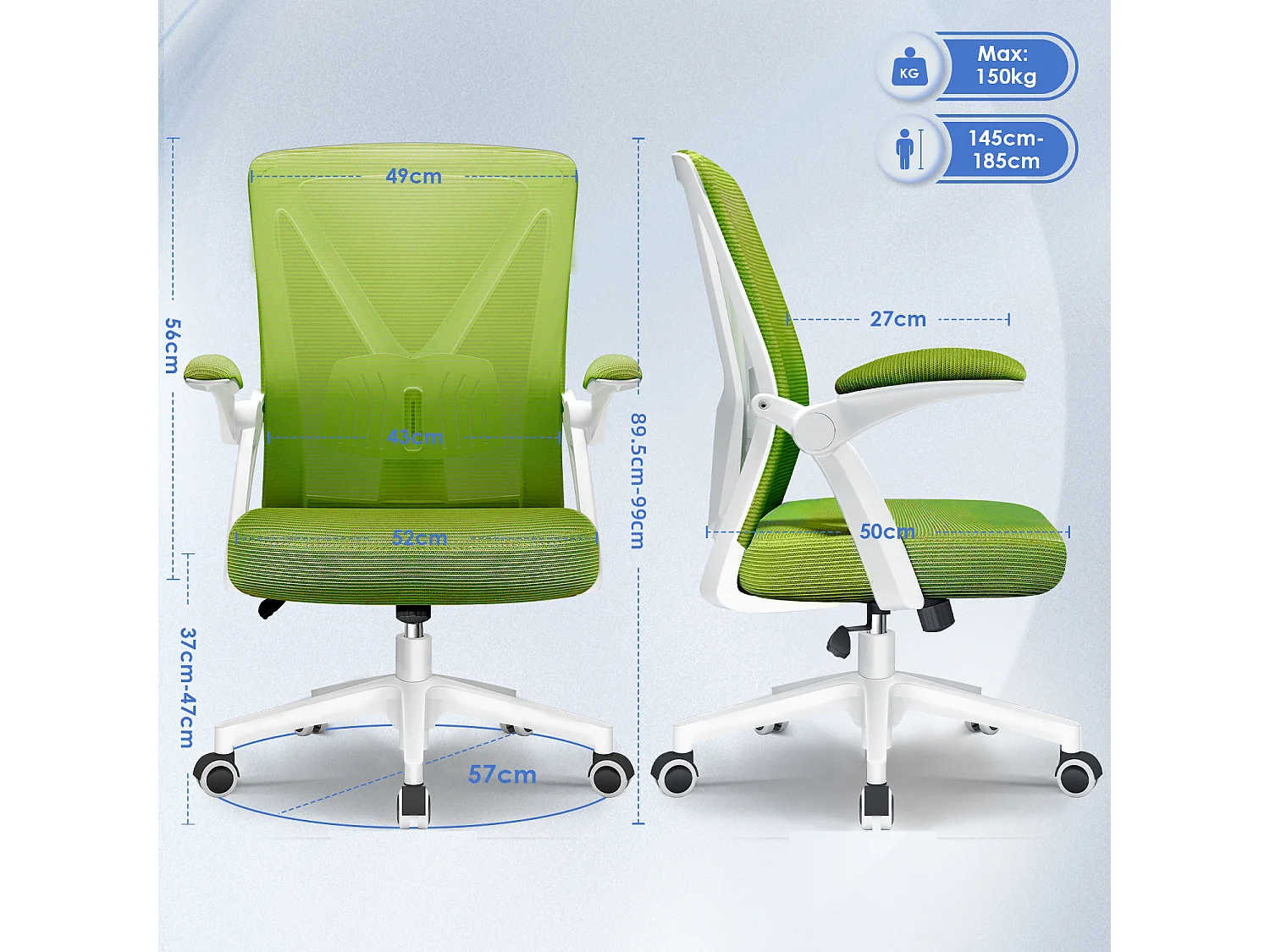 Bürostuhl - Ergonomischer Bürostuhl mit klappbaren Armlehnen - 360° Drehstuhl - Lendenwirbelstütze mit Höhenverstellung - 125° Wippfunktion - 150kg