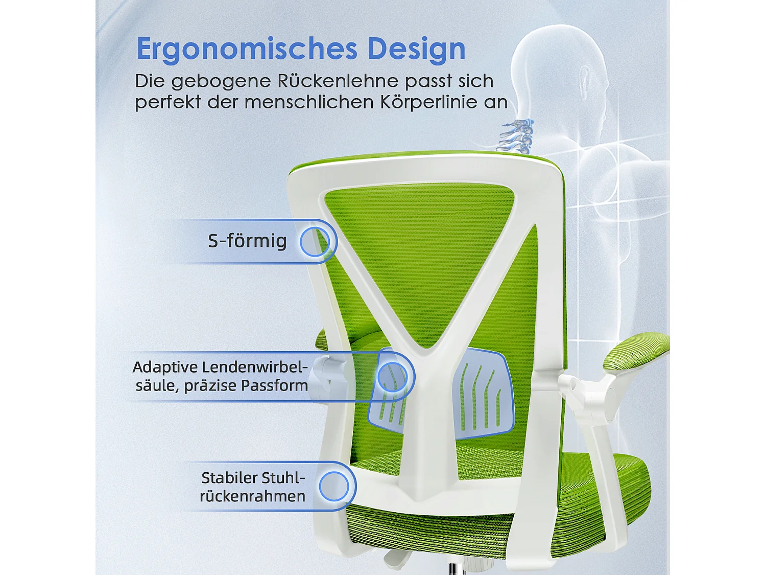 Bürostuhl - Ergonomischer Bürostuhl mit klappbaren Armlehnen - 360° Drehstuhl - Lendenwirbelstütze mit Höhenverstellung - 125° Wippfunktion - 150kg