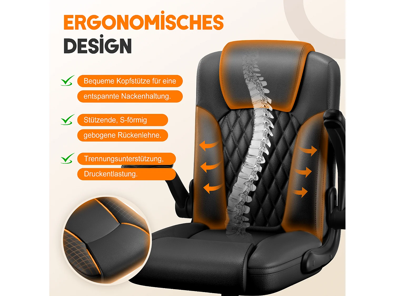 Bürostuhl Ergonomisch - Kunstleder Schreibtischstuhl - 90° Klappbaren Armlehnen - 90-120° Wippfunktion - Lendenwirbelstütze - Schreibstuhl Höhenverstellbar - 150kg