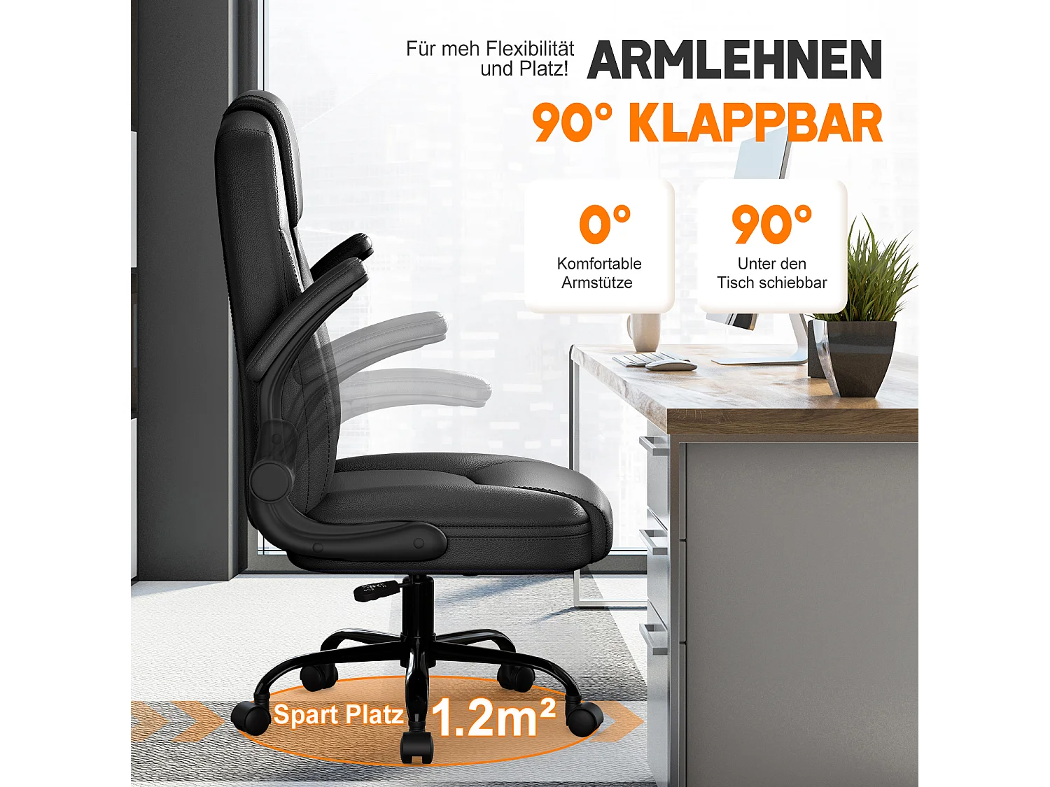 Bürostuhl Ergonomisch - Kunstleder Schreibtischstuhl - 90° Klappbaren Armlehnen - 90-120° Wippfunktion - Lendenwirbelstütze - Schreibstuhl Höhenverstellbar - 150kg