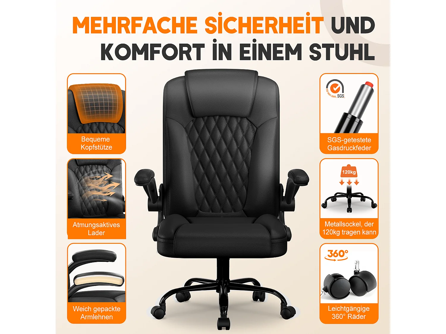 Bürostuhl Ergonomisch - Kunstleder Schreibtischstuhl - 90° Klappbaren Armlehnen - 90-120° Wippfunktion - Lendenwirbelstütze - Schreibstuhl Höhenverstellbar - 150kg