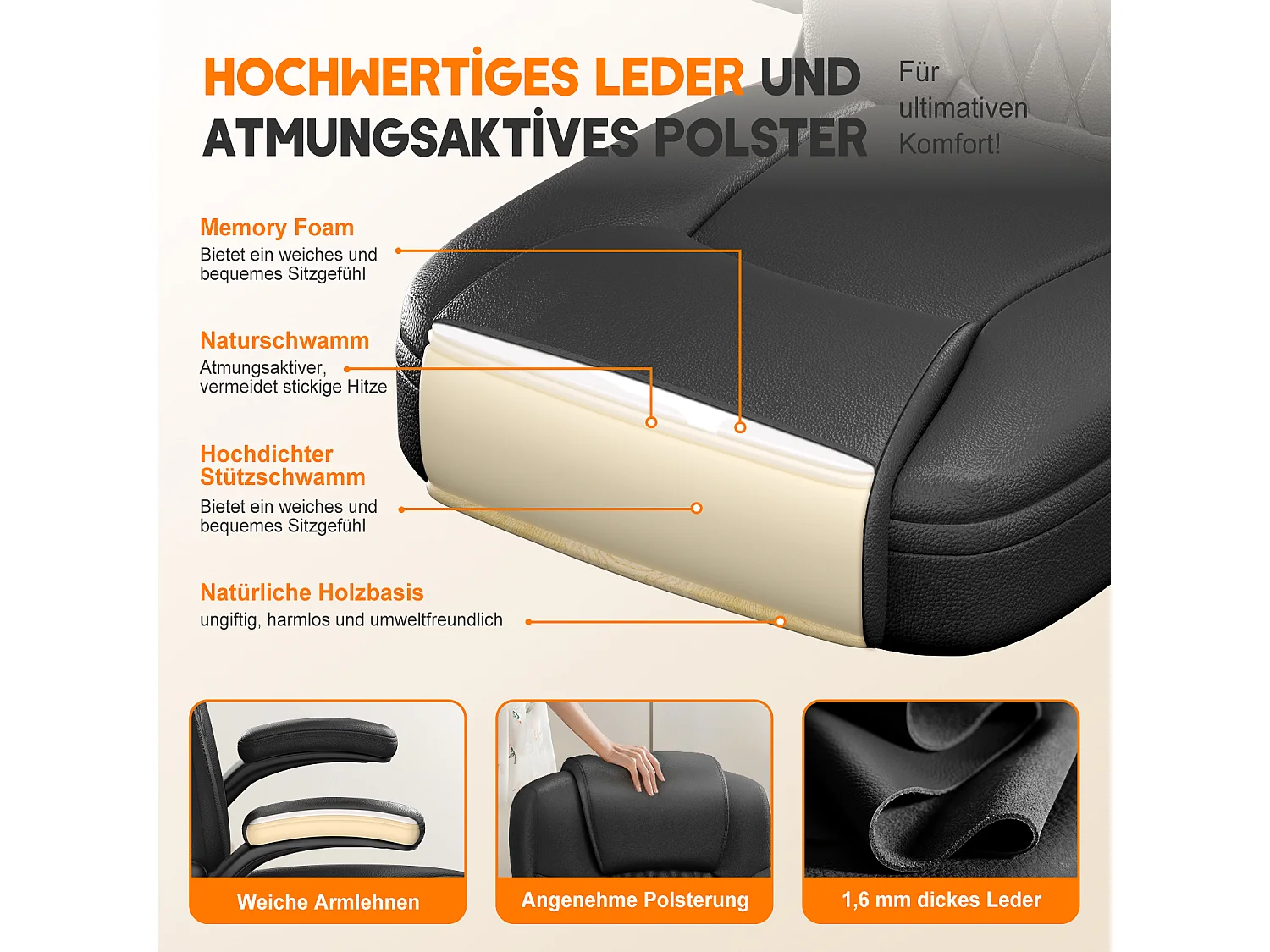 Bürostuhl Ergonomisch - Kunstleder Schreibtischstuhl - 90° Klappbaren Armlehnen - 90-120° Wippfunktion - Lendenwirbelstütze - Schreibstuhl Höhenverstellbar - 150kg