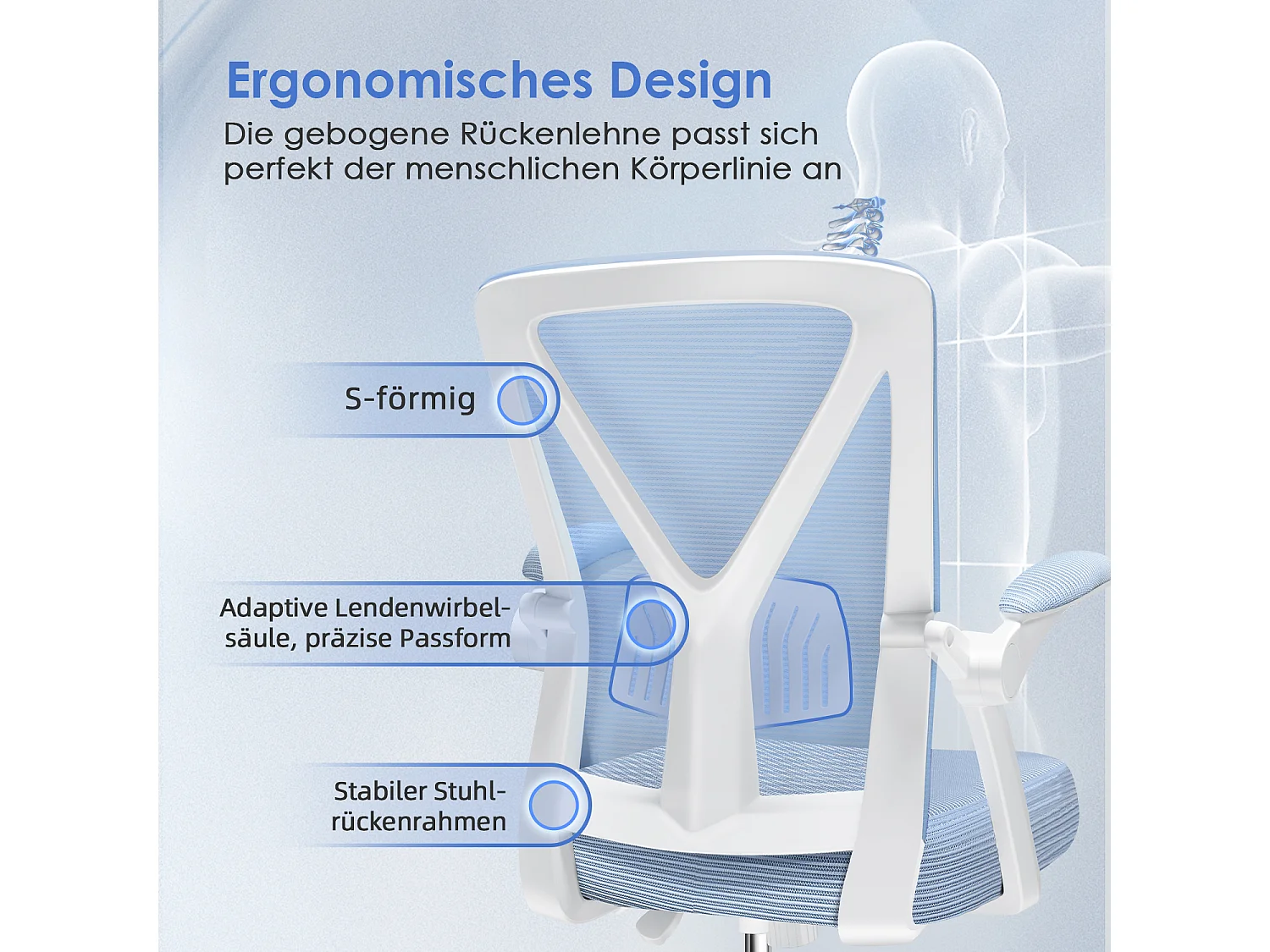 Bürostuhl - Ergonomischer Bürostuhl mit klappbaren Armlehnen - 360° Drehstuhl - Lendenwirbelstütze mit Höhenverstellung - 125° Wippfunktion - 150kg