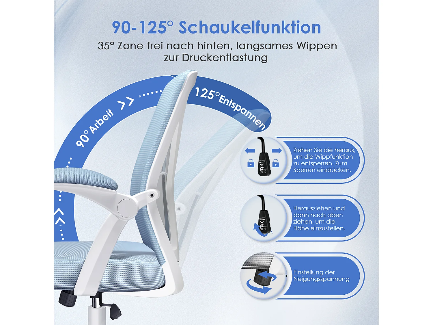 Bürostuhl - Ergonomischer Bürostuhl mit klappbaren Armlehnen - 360° Drehstuhl - Lendenwirbelstütze mit Höhenverstellung - 125° Wippfunktion - 150kg
