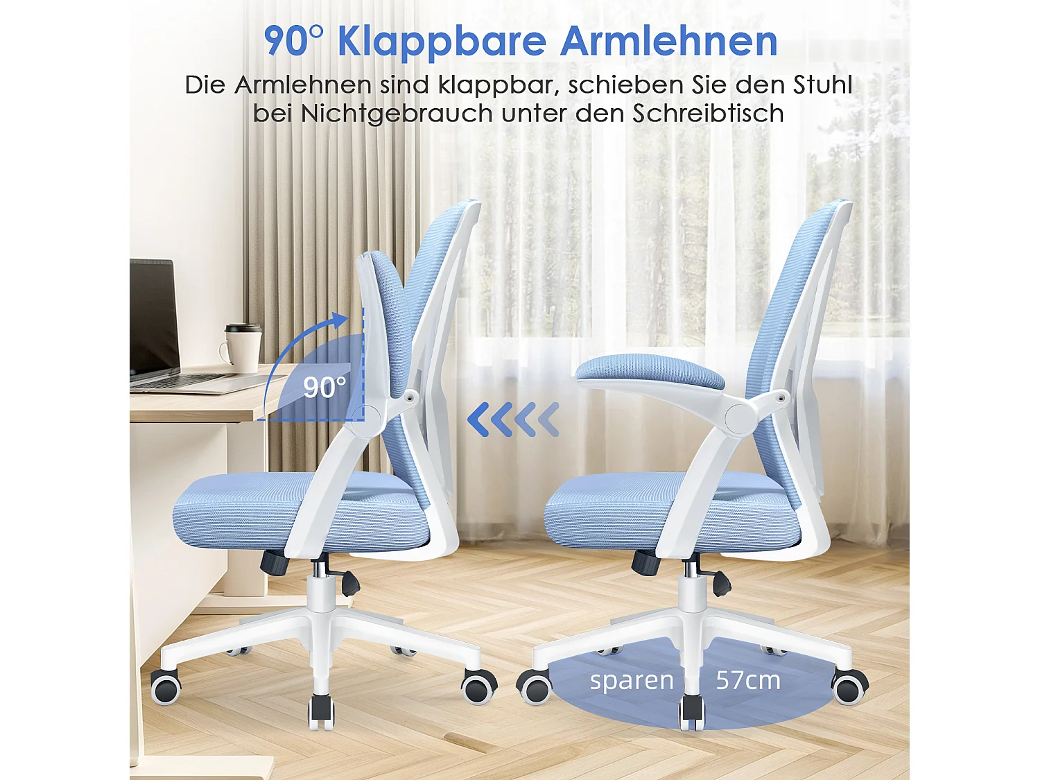 Bürostuhl - Ergonomischer Bürostuhl mit klappbaren Armlehnen - 360° Drehstuhl - Lendenwirbelstütze mit Höhenverstellung - 125° Wippfunktion - 150kg
