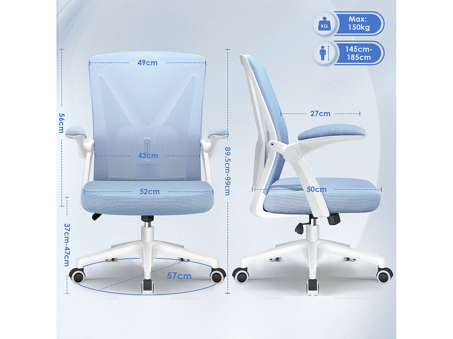 Bürostuhl - Ergonomischer Bürostuhl mit klappbaren Armlehnen - 360° Drehstuhl - Lendenwirbelstütze mit Höhenverstellung - 125° Wippfunktion - 150kg