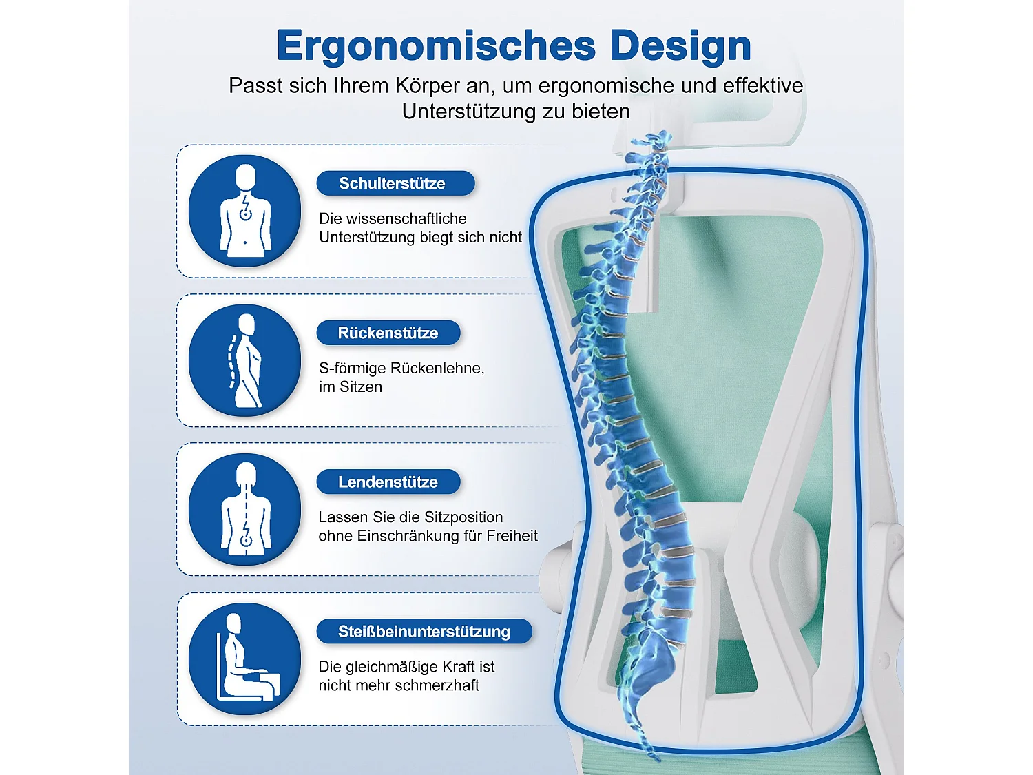 Bürostuhl - Drehbarer ergonomischer Bürostuhl - Mit verstellbarer Kopfstütze und Rückenlehne  - Atmungsaktiver Bürostuhl - 150kg - Netz-Wippfunktion - Managerstuhl