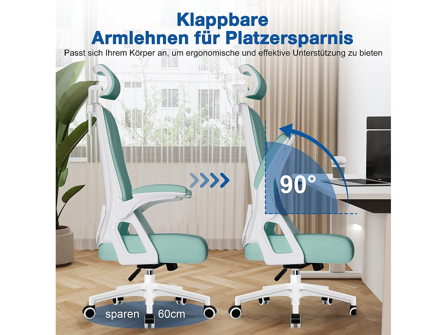 Bürostuhl - Drehbarer ergonomischer Bürostuhl - Mit verstellbarer Kopfstütze und Rückenlehne  - Atmungsaktiver Bürostuhl - 150kg - Netz-Wippfunktion - Managerstuhl