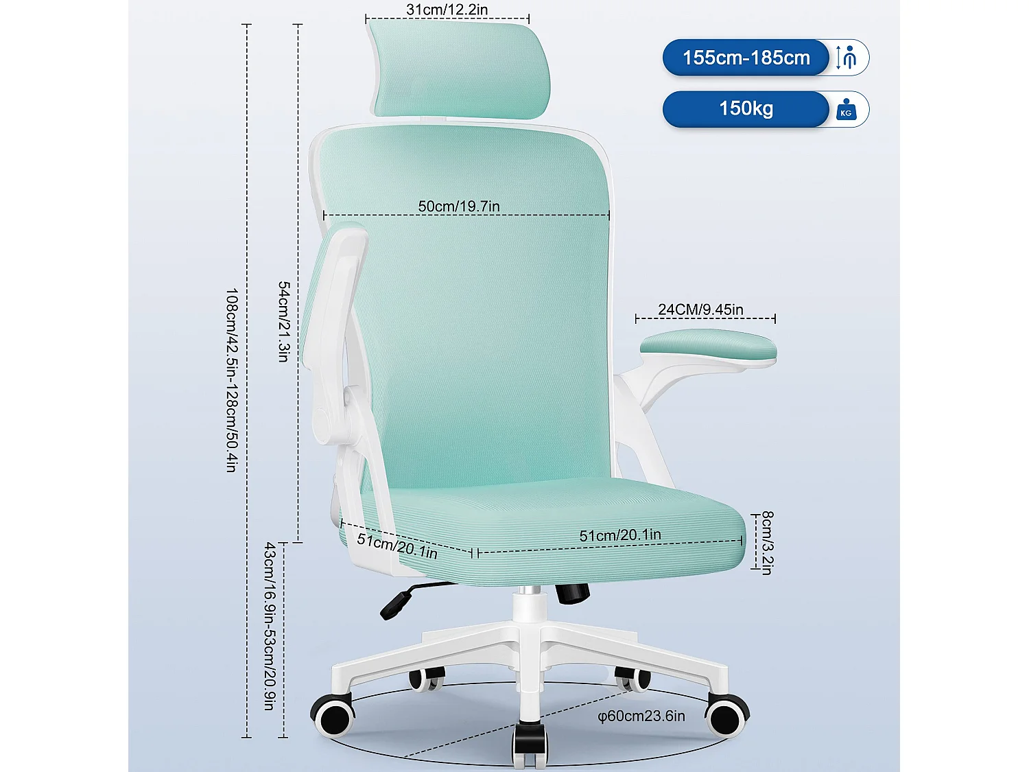 Bürostuhl - Drehbarer ergonomischer Bürostuhl - Mit verstellbarer Kopfstütze und Rückenlehne  - Atmungsaktiver Bürostuhl - 150kg - Netz-Wippfunktion - Managerstuhl
