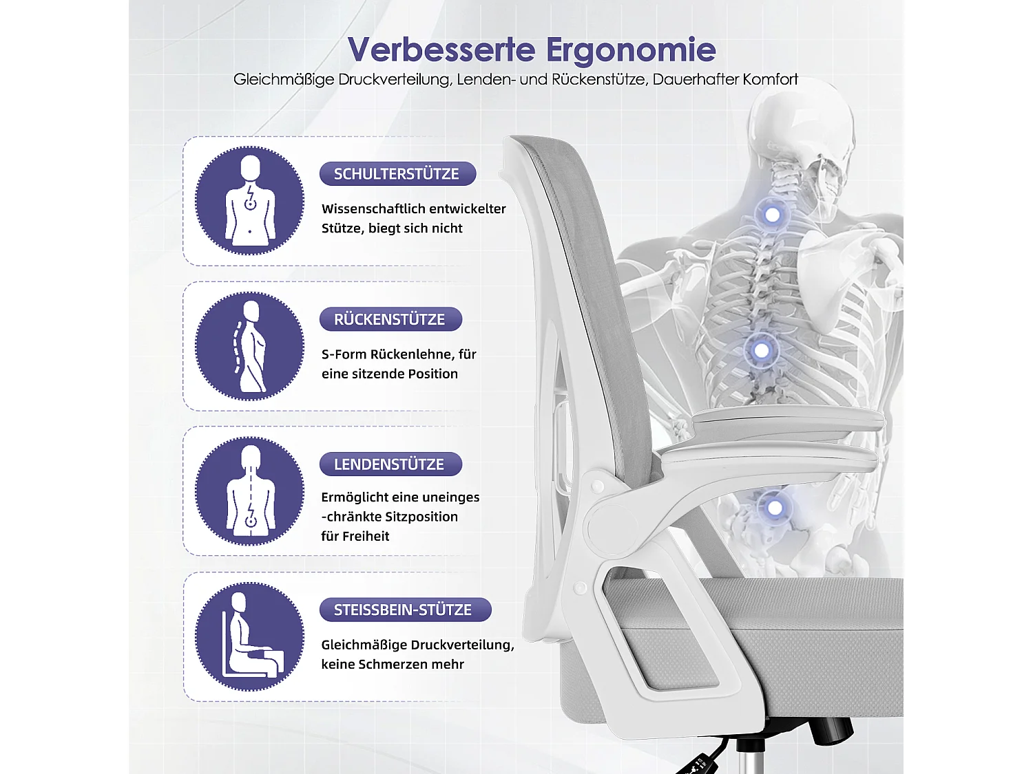Bürostuhl - Chefsessel aus Mesh - Ergonomischer Schreibtischstuhl - Verstellbarer Armlehnen und Lendenwirbelstütze - Drehstuhl Wippfunktion - Atmungsaktiv