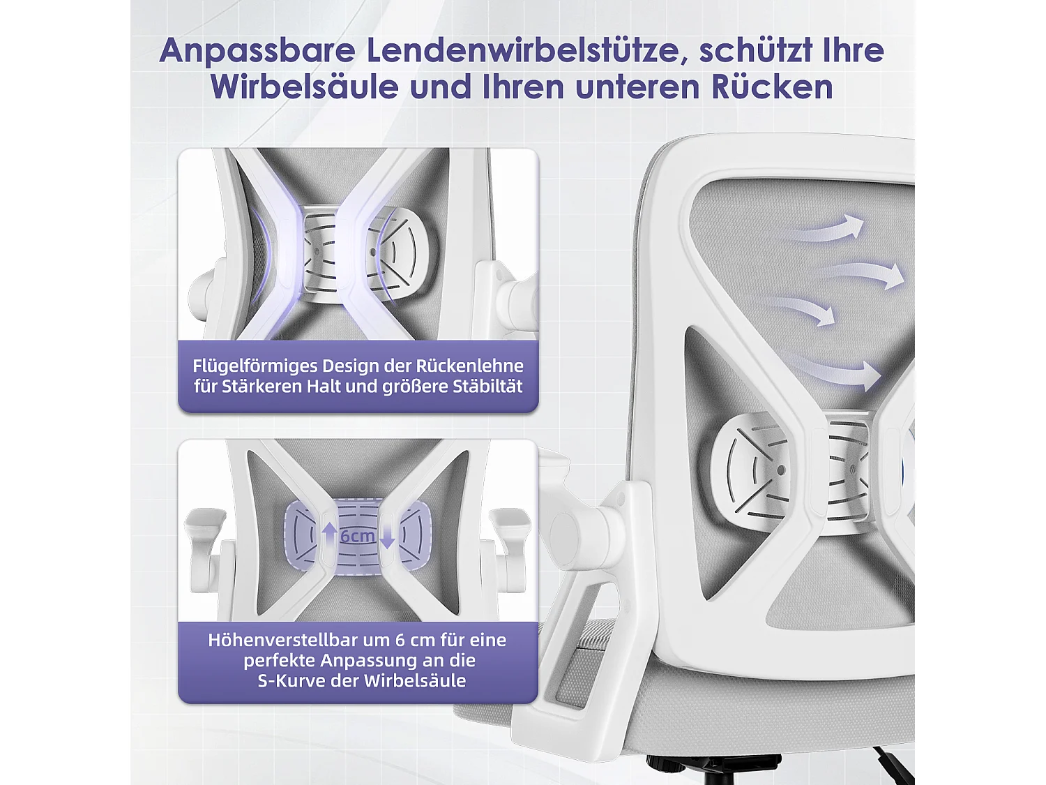 Bürostuhl - Chefsessel aus Mesh - Ergonomischer Schreibtischstuhl - Verstellbarer Armlehnen und Lendenwirbelstütze - Drehstuhl Wippfunktion - Atmungsaktiv