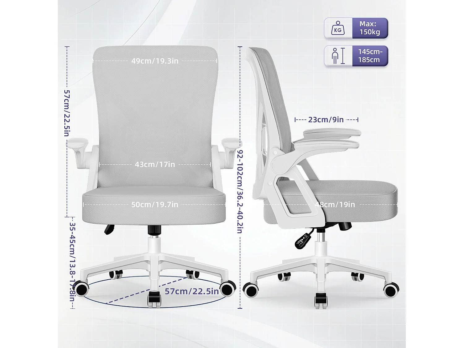 Bürostuhl - Chefsessel aus Mesh - Ergonomischer Schreibtischstuhl - Verstellbarer Armlehnen und Lendenwirbelstütze - Drehstuhl Wippfunktion - Atmungsaktiv