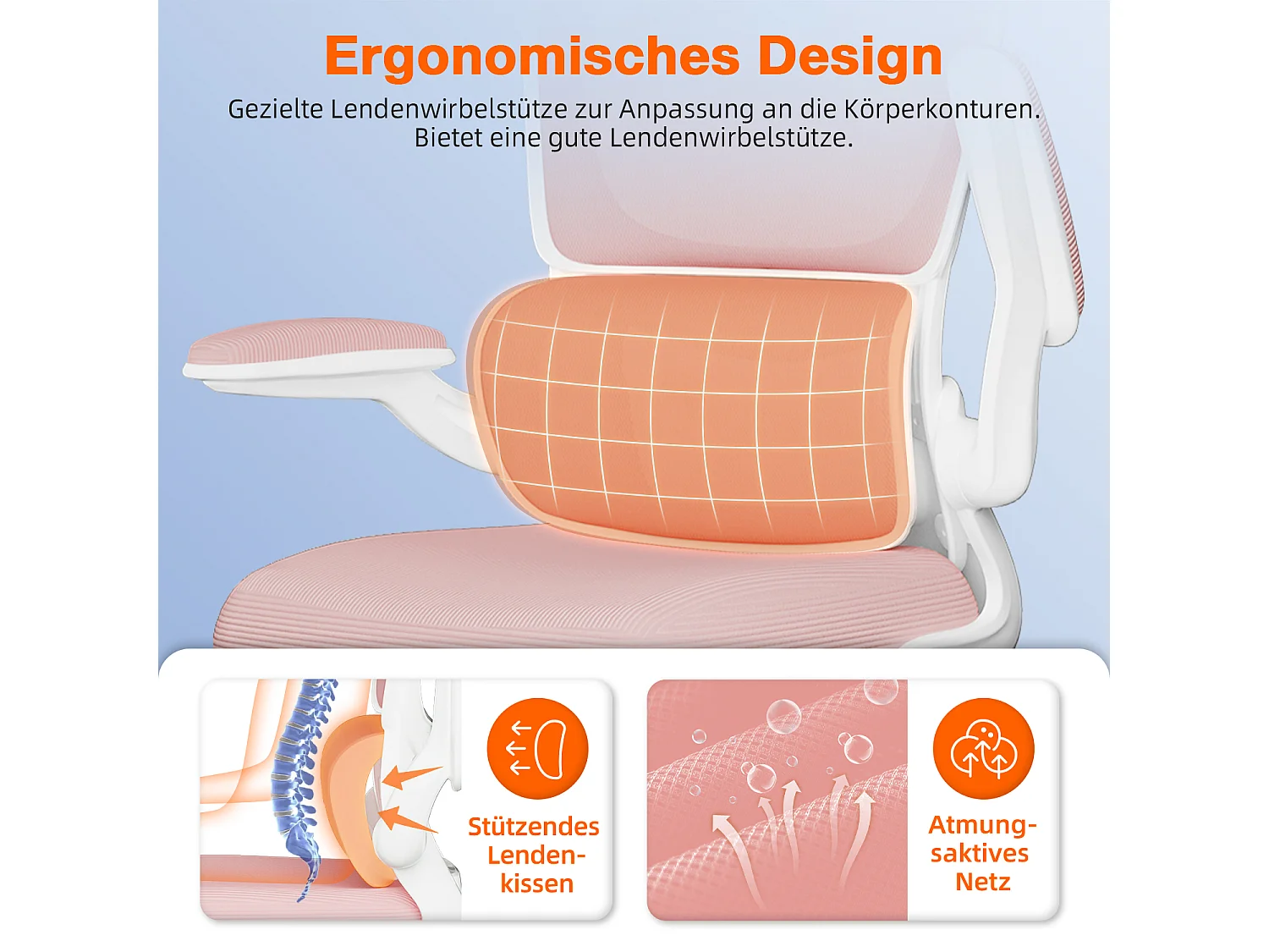 Bürostuhl - Ergonomisch Bürostuhl - Verstellbarer Kopfstütze - Klappbare Armlehnen - Lendenwirbelstütze - Höhenverstellbarer - maximaler Neigung von 135° - 150 kg